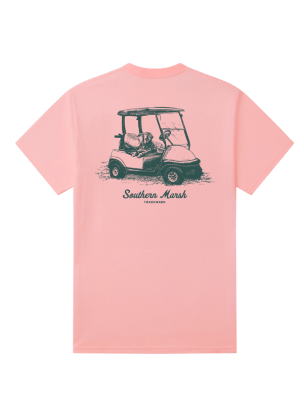 Pink t-shirt with a graphic of a golf cart and 'Southern Marsh' text on a white background