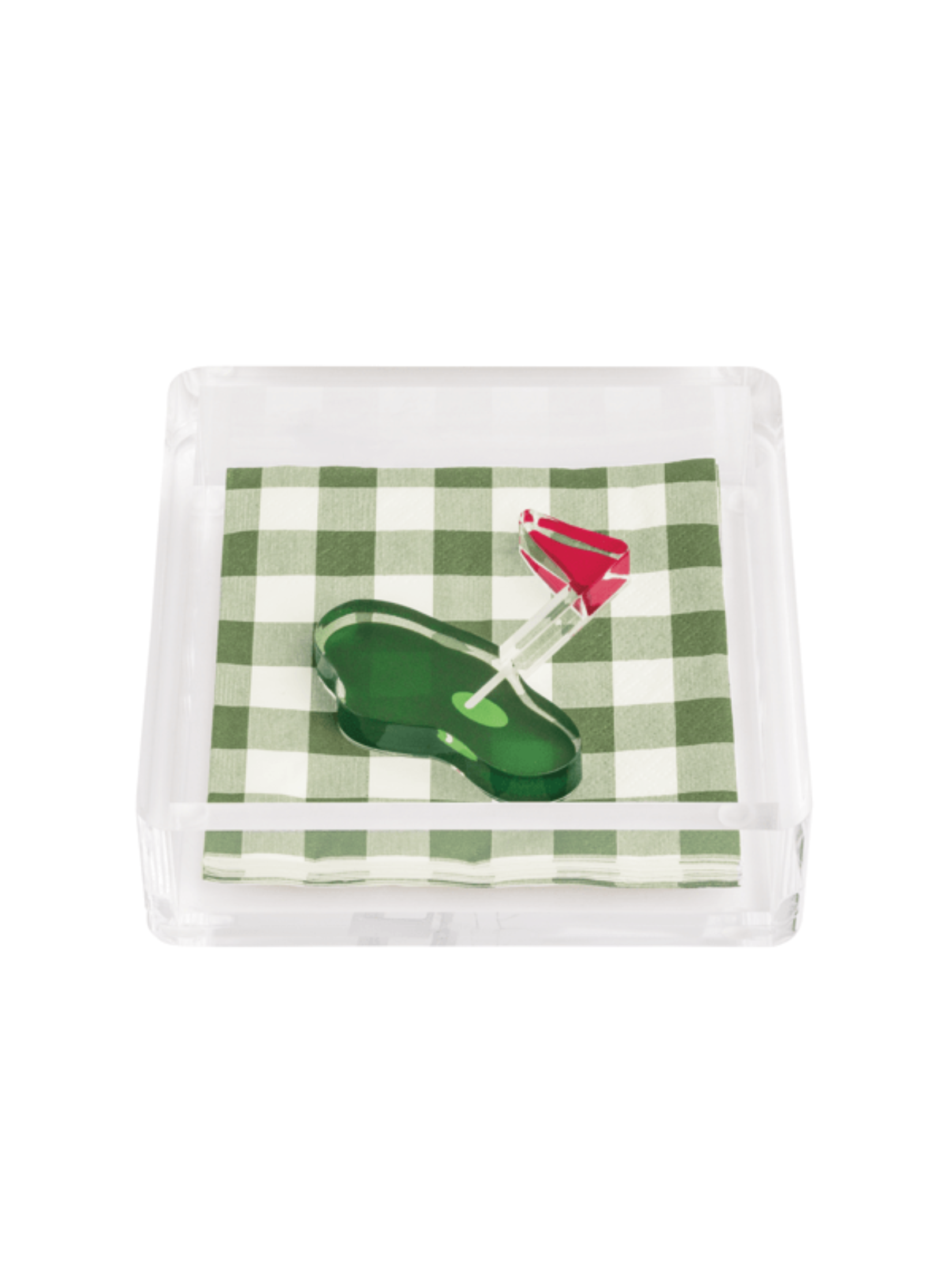 Acrylic Golf Napkin Holder with green gingham tea towel by Mudpie
