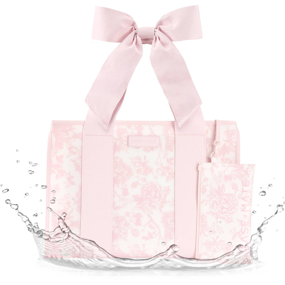 Pink tote bag with a bow on a white background