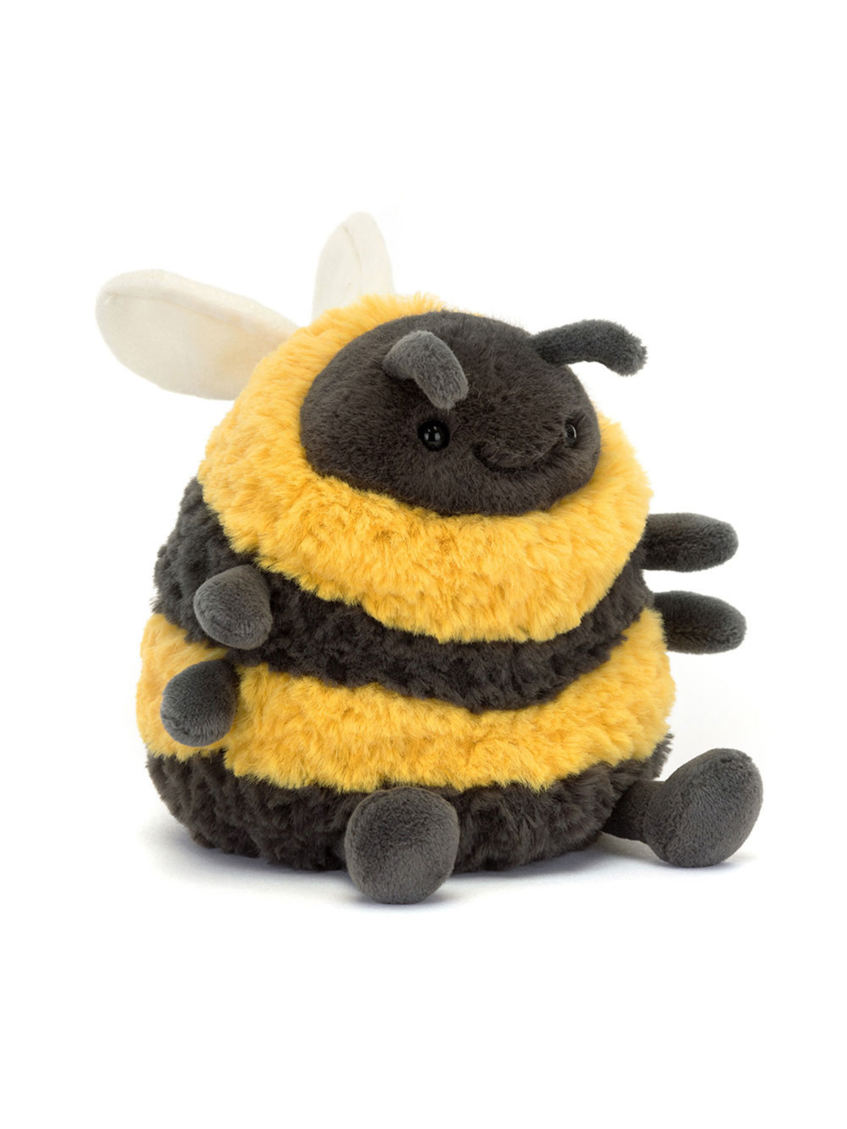 bee plush with smiley face and legs with little arms and wings 