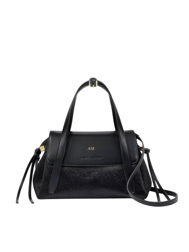 Alyssa Faux Pony Top Handle Bag in Black Faux Pony with strap By Katie Loxton
