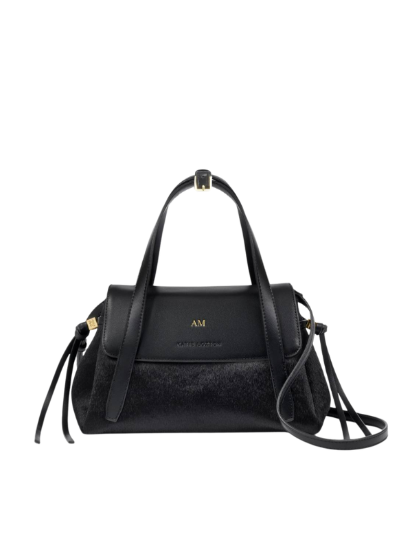 Alyssa Faux Pony Top Handle Bag in Black Faux Pony with strap By Katie Loxton