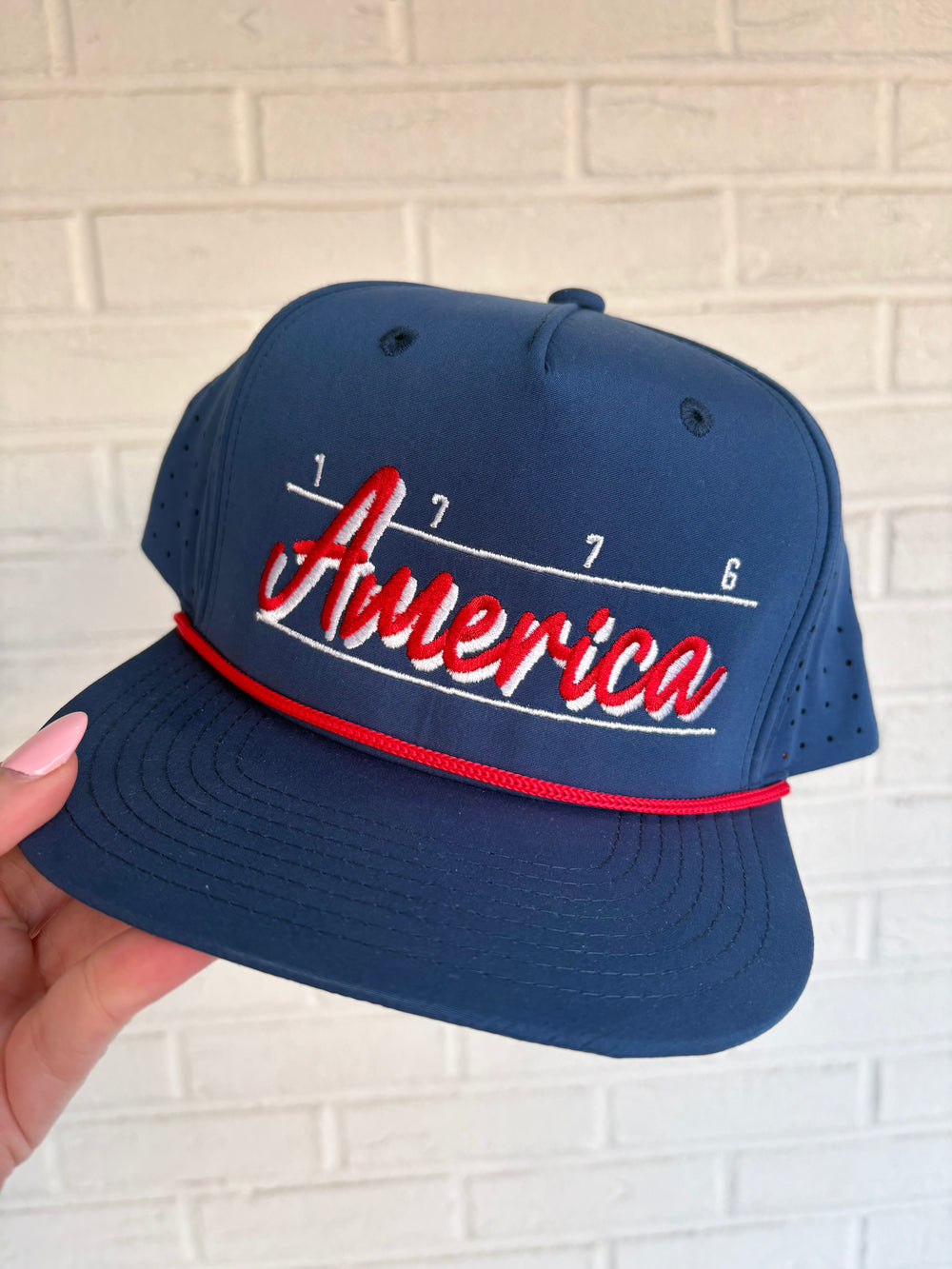 Navy blue america 1776 script rope hat with red detail embroidered 