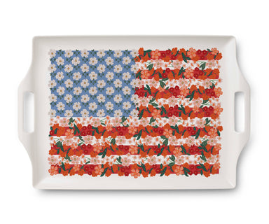 Decorative tray with floral design resembling an American flag on a white background
