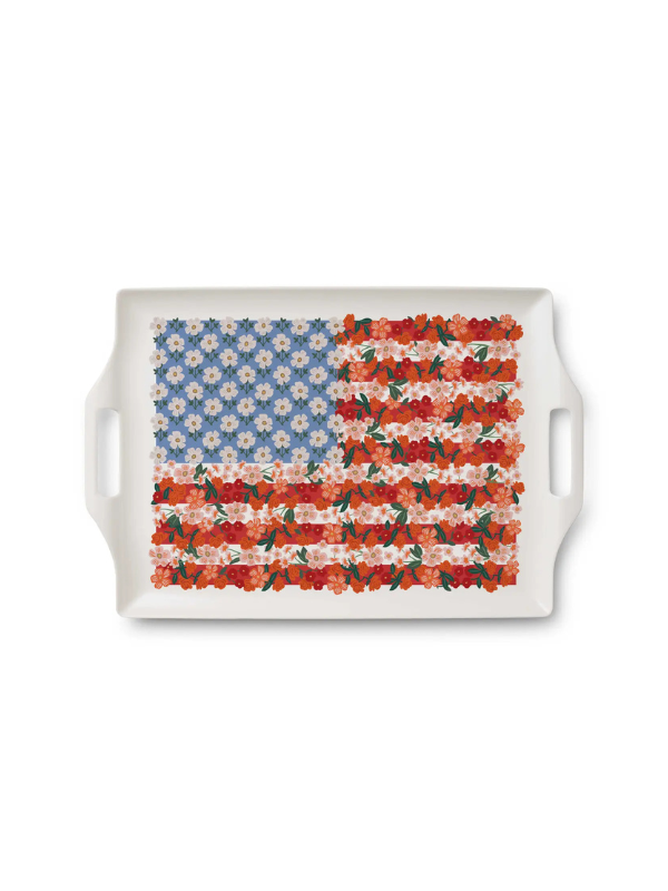 Decorative tray with floral design resembling an American flag on a white background