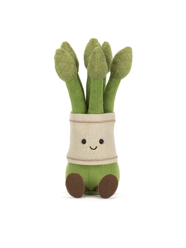 Plush Jellycat toy shaped like asparagus with a smiling face 