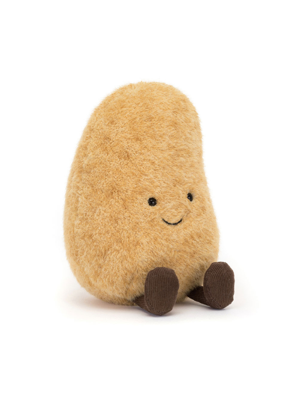 A plush potato toy with a soft, fuzzy tan-brown body, a simple embroidered smiley face, and small brown feet, photographed on a clean white background.