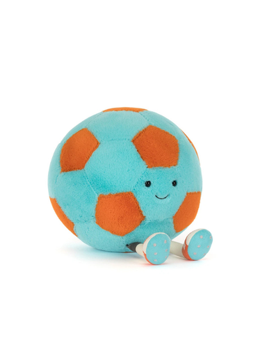 teal and orange plush soccer ball