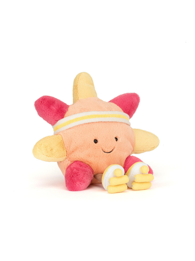 red and yellow plush sun with skates on