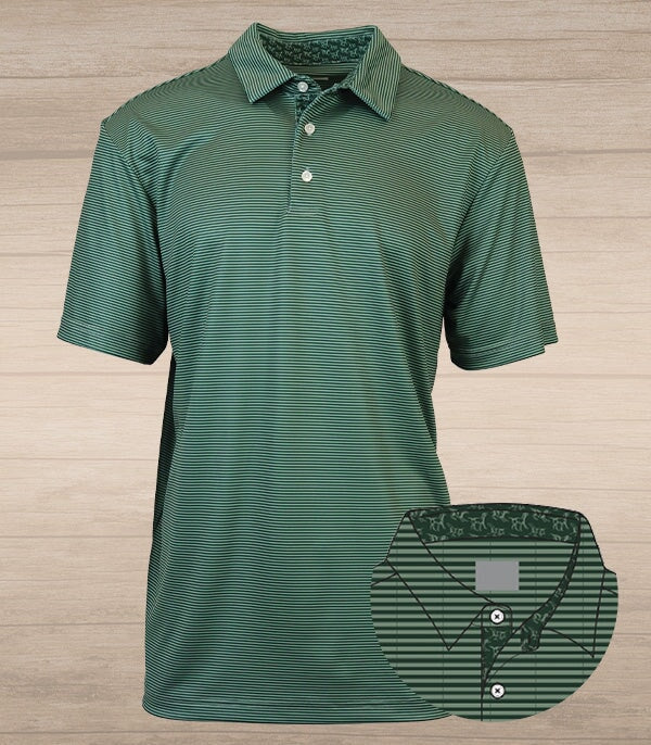 Andy Stripe Performance Polo with Dogs in Forest & Sage by Struttin' Cotton