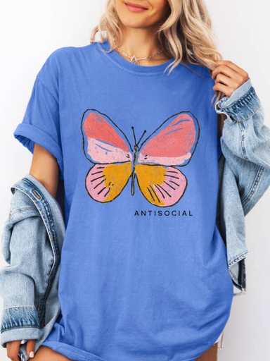 Person wearing a blue t-shirt with a butterfly graphic and 'ANTISOCIAL' text.