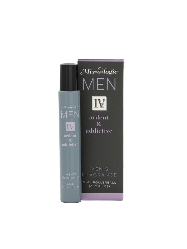 Men's fragrance rollerball and packaging on a white background