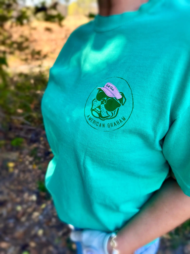 American graham logo on the front of a tee 
