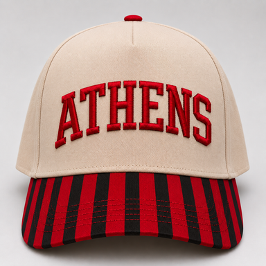 Red Athens Georgia Hat with striped red and black bill 