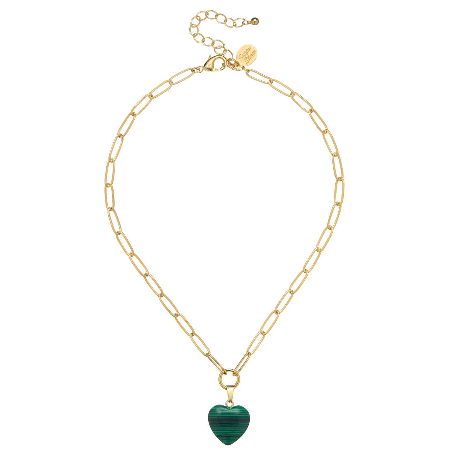 Gold link necklace with green malachite heart charm Susan shaw Audrey heart