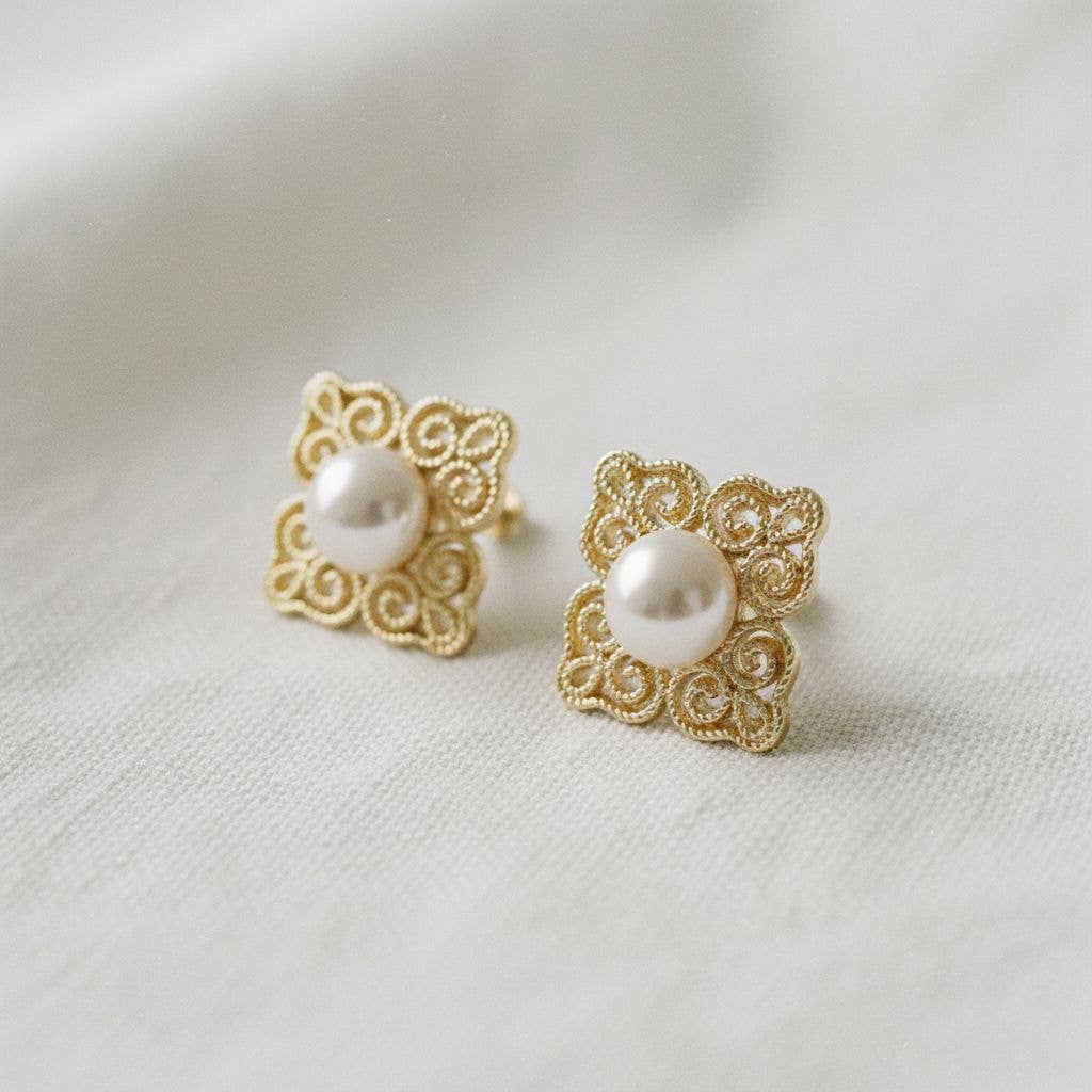 Gold and pearl auspicious detail stud earrings