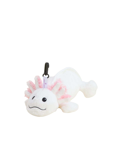 A small white plush axolotl keychain with pink gills 
