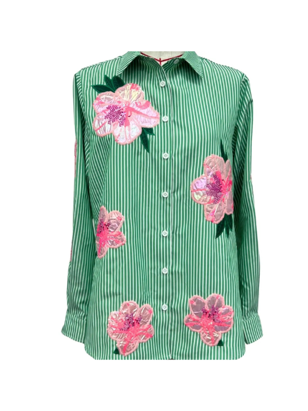 Green striped shirt with pink floral appliqués 