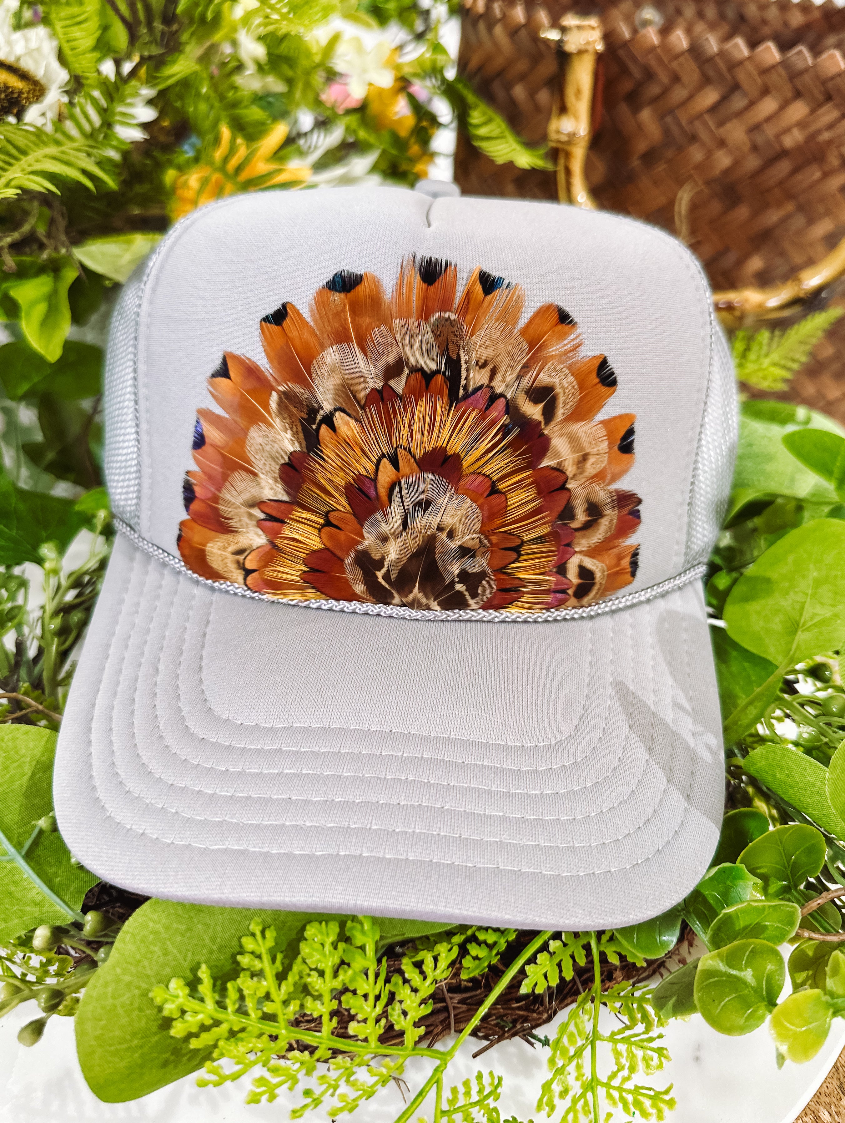 The Delilah Light Gray Feathered Trucker Hat