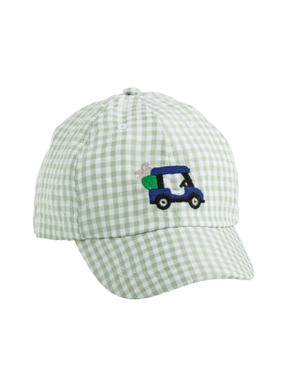 green gingham baby hat with embroidered golf cart