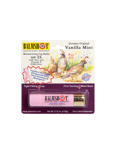 Balmsot Vanilla Mint lip balm packaging with quail illustration