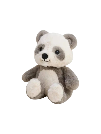 A small plush panda toy with a white face and belly, gray ears, arms, and legs, and a black nose