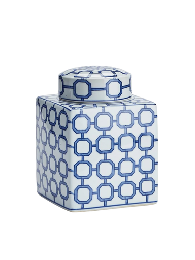 Barclay Butera Dynasty Link Lidded Jar in blue and white