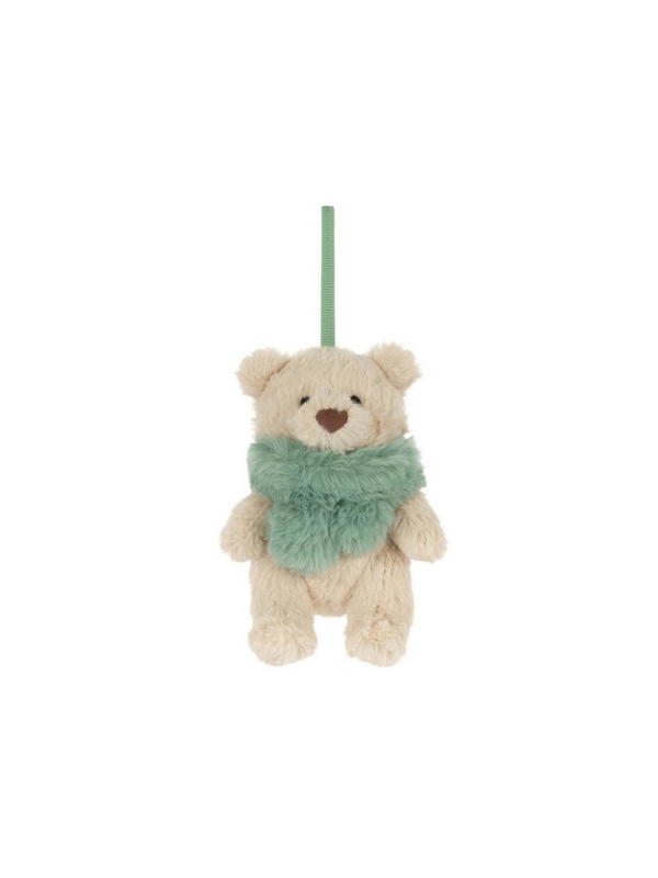 A small cream-colored plush teddy bear ornament with a fuzzy mint green scarf and a green hanging loop, centered on a plain white background.