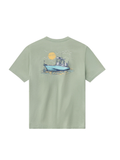 green tee with a boat on back 