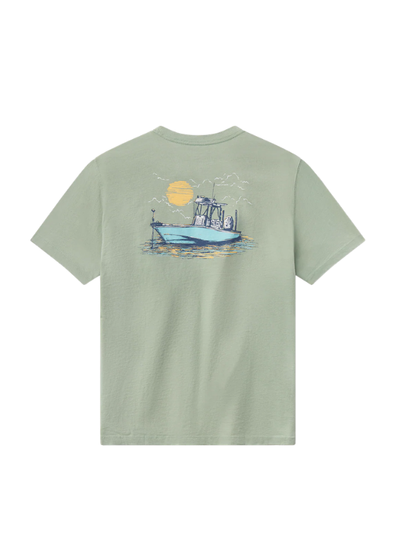 green tee with a boat on back 
