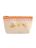 Beige pouch with colorful designs on a white background