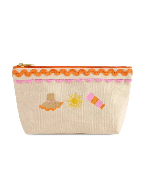 Beige pouch with colorful designs on a white background