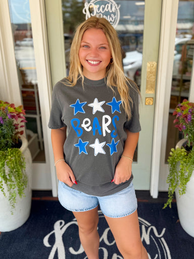 A dark gray graphic t-shirt with blue and white stars and the word 'BEARS' printed on the front