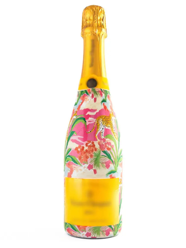 Champagne bottle wrap with colorful floral and animal design 