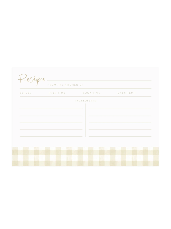 Recipe card template with a gingham border on a white background