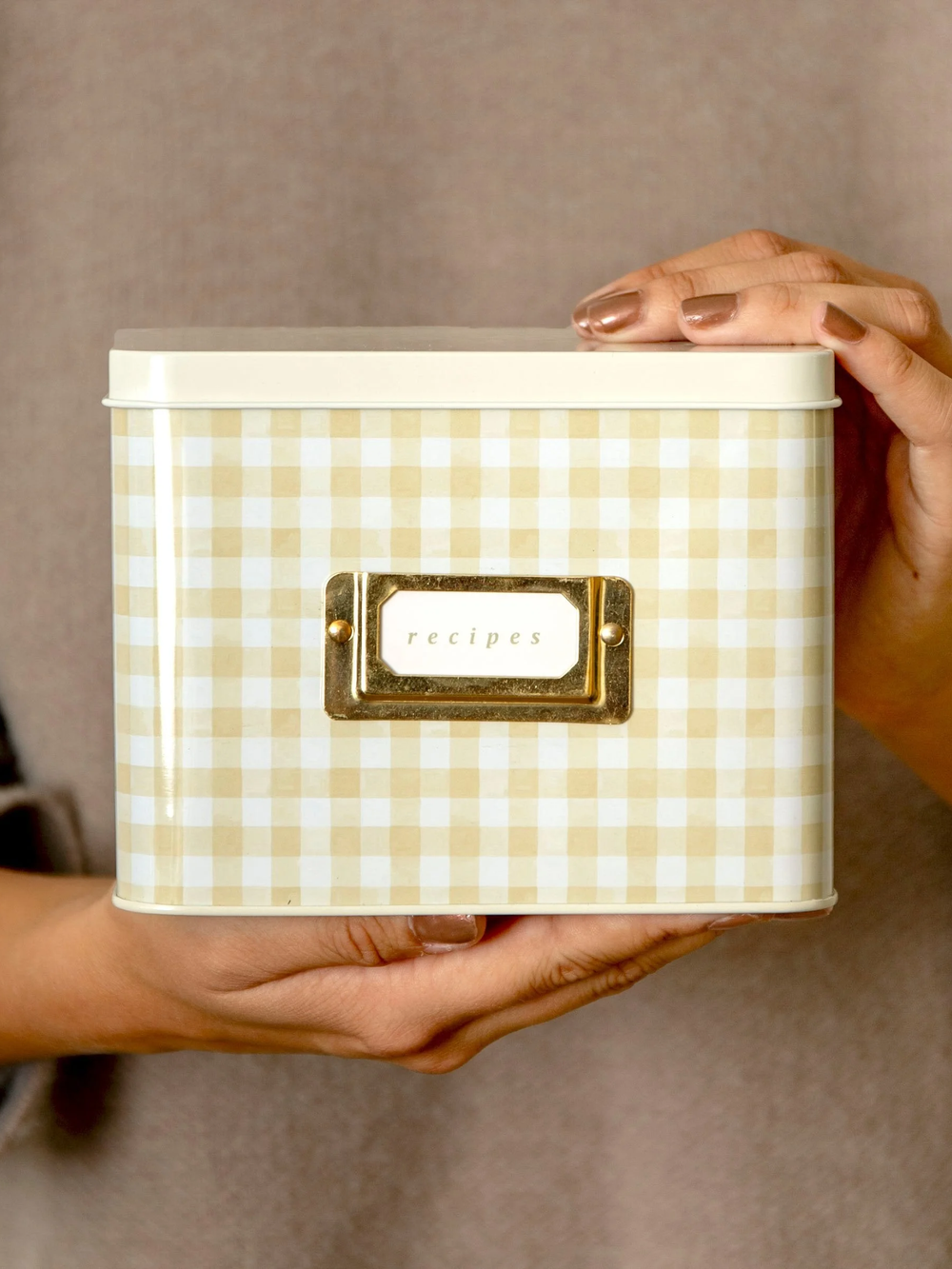 Beige Gingham Tin  Recipe Box