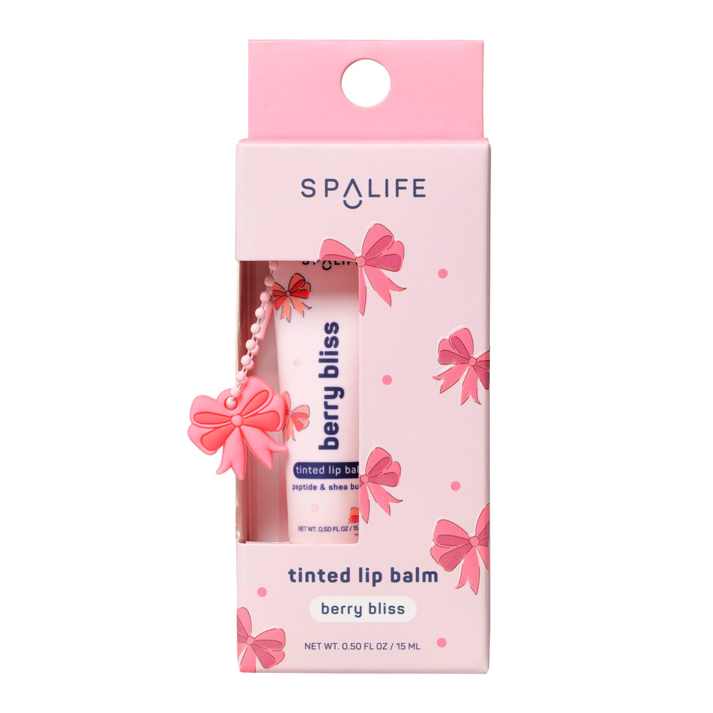 Spa Life berry bliss tinted lip balm packaging with pink bows.