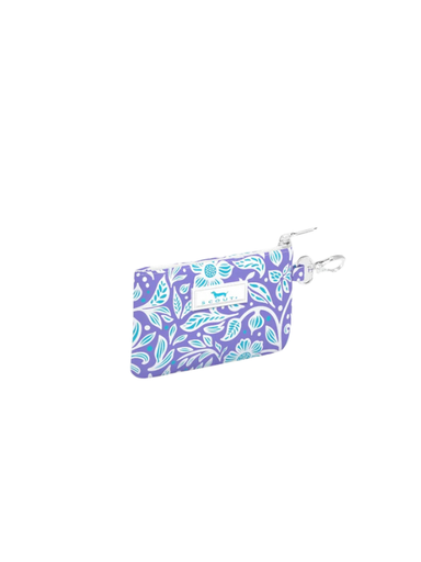 Purple and blue floral card holder wallet with zipper closure and clasp 