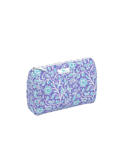 Purple and blue floral patterned makeup and toiletry bag with zipper closure 