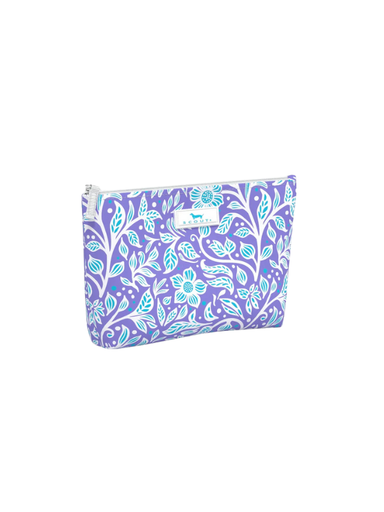 Purple and blue floral patterned small pouch with zipper closure