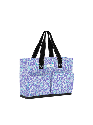 Purple and blue floral patterned tote bag with pockets 