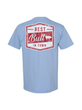 blue white tee with best butt and pig on the back 