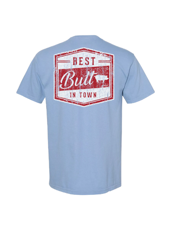 blue white tee with best butt and pig on the back 