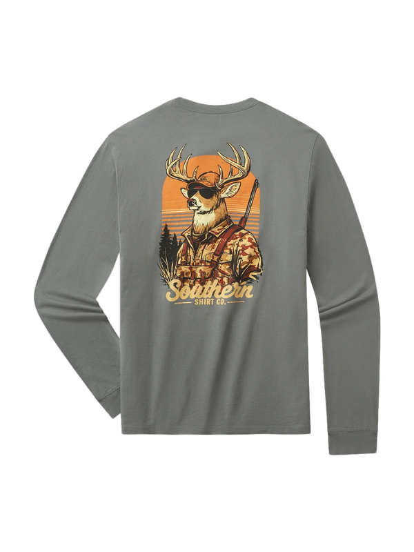 Gray Long sleeve with a deer and sunglasses and gun 