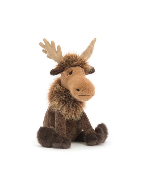 A plush stuffed moose toy with tan antlers, a light brown face and neck, and dark brown body and legs, photographed on a clean white background.