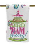 Decorative towel with 'Bird Bam Cheers!' text and pagoda design