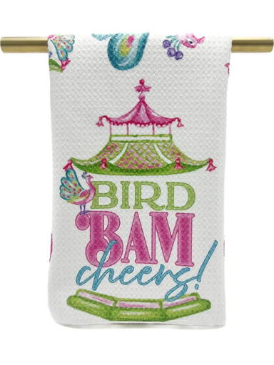 Decorative towel with 'Bird Bam Cheers!' text and pagoda design