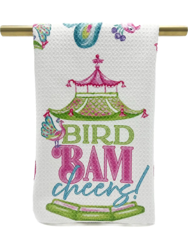 Decorative towel with 'Bird Bam Cheers!' text and pagoda design