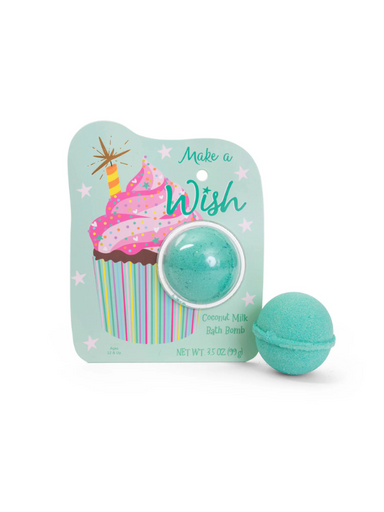 A bath bomb packaging designed like a cupcake with a blue bath bomb next to it, titled 'Make a Wish'.