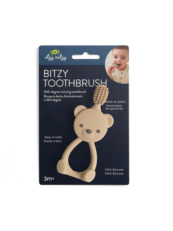 Our Bitzy Toothbrush helps build good habits with 100% silicone that’s gentle on developing gums and teeth, plus a large handle made to fit both baby and parent hands.